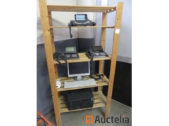 Wood shelf and contents: telephone, it equipment
